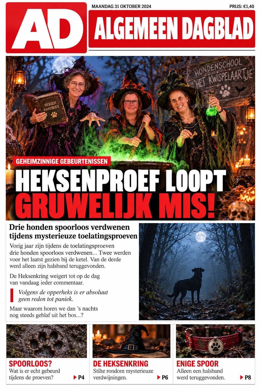 Krantenknipsel in het Halloweenverhaal: Heksenproef loopt gruwelijk mis. Drie honden spoorloos verdwenen tijdens mysterieuze toelatingsproeven. Volgens de opperheks is er absoluut geen reden tot paniek.